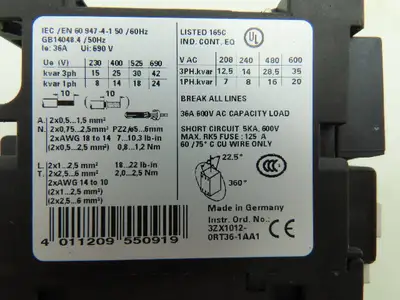 Siemens 3RT1627-1A Motor Starter Contactor Aux Contacts 690V 36A 3Ph 230V Coil