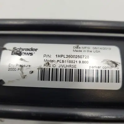 USED SCHRADER SCHRADER BELOWS PNEUMATIC CYLINDER PN: 1HPL2000250728 MODEL: PLB118821 9.00