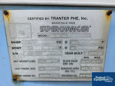 USED Superchanger 443.3 Sq Ft Tranter Superchanger Plate Heat Exchanger, 100#