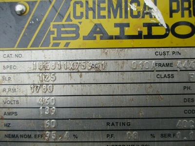 125 HP 1780 RPM ABB / Baldor Super E Chemical Processing Motor, 460 Volts