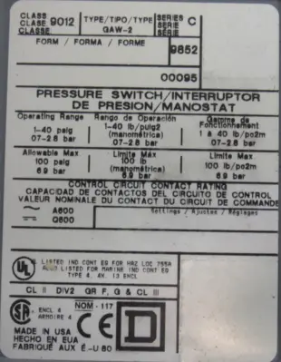 NEW SQUARE D 9012-GAW-2 PRESSURE SWITCH 9012GAW2