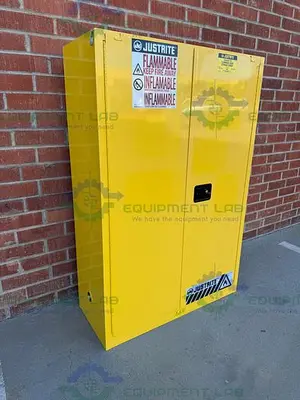 USED JUSTRITE 45 GALLON FLAMMABLE LIQUID STORAGE CABINET W/ SOFT CLOSE DOORS, KEY