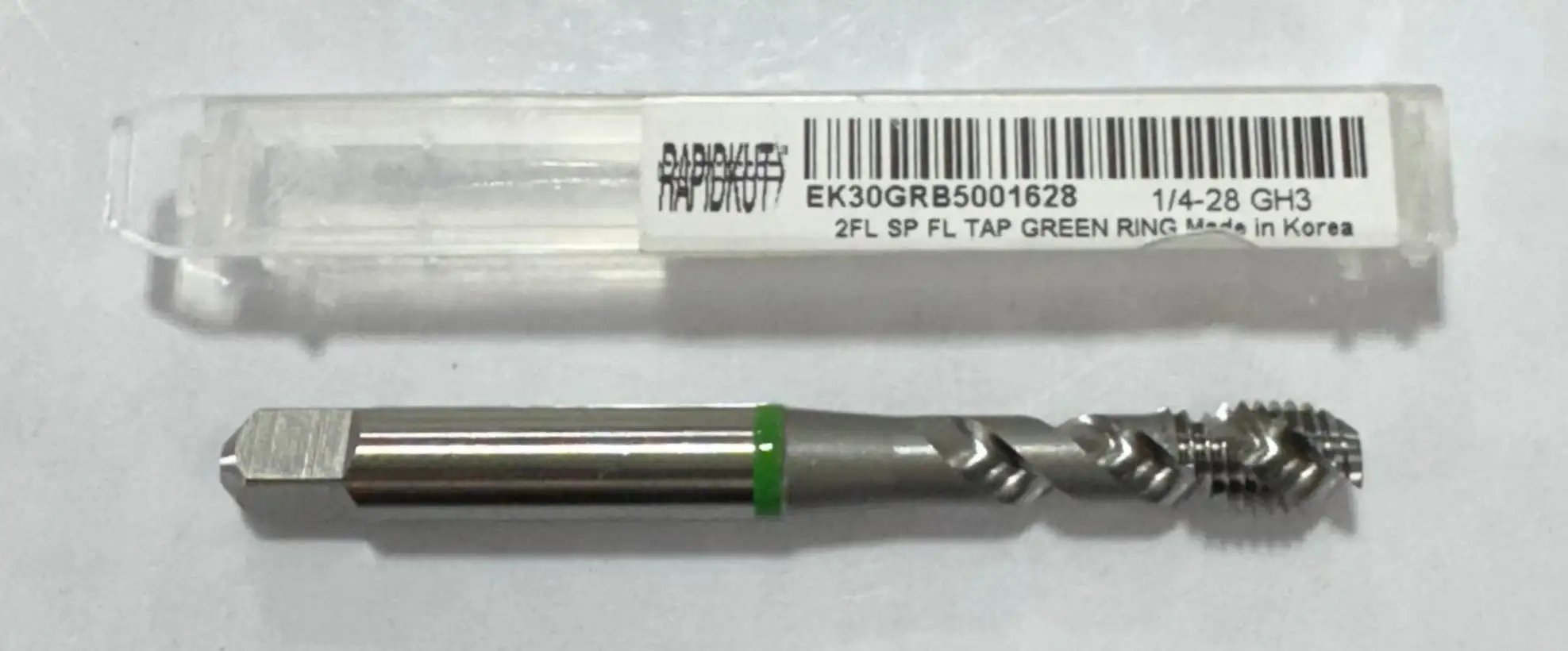 RapidKut 1/4"-28 HSS Spiral Flute Tap Green Ring 2 Flute GH3