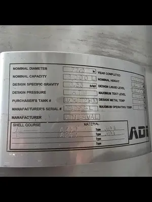 Used ADI Laval 2100 Gallon Tank, 304 Stainless Steel