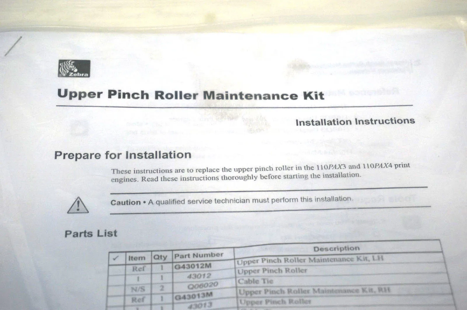 NEW BRADY G43012M UPPER PINCH ROLLER MAINTENANCE KIT