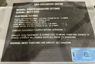 (4) GEA Westfalia ProteinMaster CF 7000 sanitary tricanter centrifuges, 316SS.