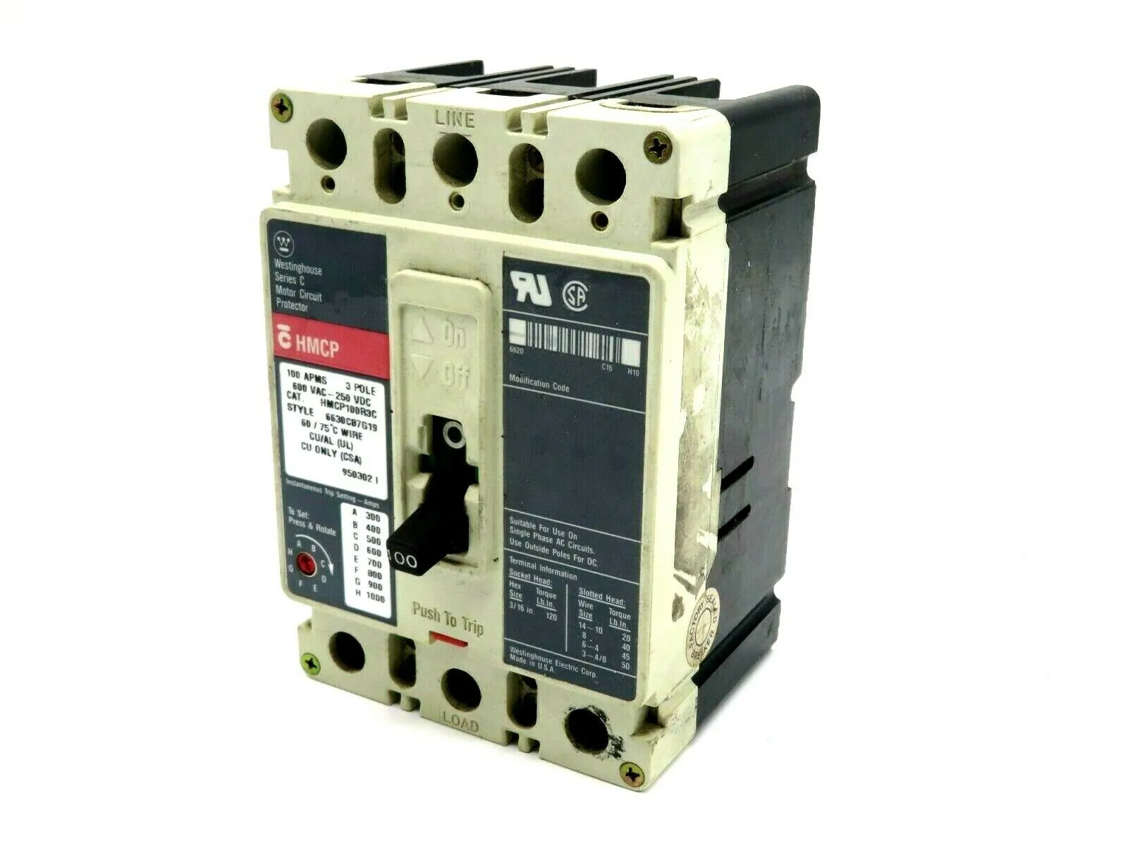 USED WESTINGHOUSE HMCP100R3C CIRCUIT BREAKER SERIES C 3 POLE 600VAC 250VDC