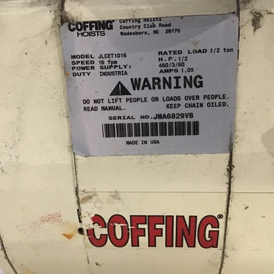 Coffing JLCET1016 Electric Chain Hoist 1/2 Ton 1/2H.P 16Fps Speed 1.05Amps