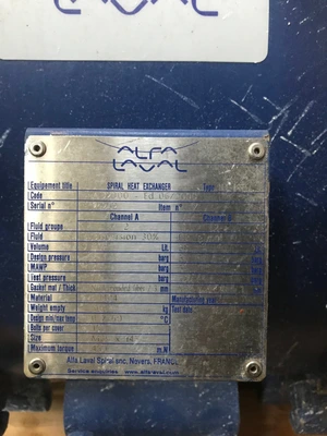 7.43 Sq. M S/S Alfa Laval Spiral Heat Exchanger Type 1H-L-1T