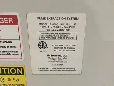 Used IP Systems Fume Extraction Systems 115V 1~ 5A 450W Fan type ZBB121100 Fume Extractors Michigan US | Maverick Industrial Sales #1391832