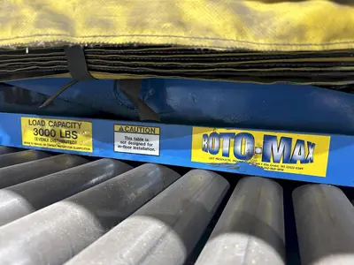 3,000 LBS X 48" X 48" ROTO-MAX HYDRAULIC SCISSOR LIFT TABLE W/ ROTARY LEWCO ROLLER CONVEYOR TOP, 110 VOLT: STOCK #20873