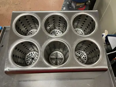 Used Falcon Restaurant Supply Used 6 Hole Stainless Steel Flatware Organizer with Perforated Stainless Steel Cylinders - JD Smallwares Illinois US | Falcon Restaurant Supply #1375214