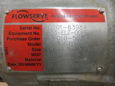 Durco pump model MK3 STD size 1K1.5x1-82/64RV , material CD4M