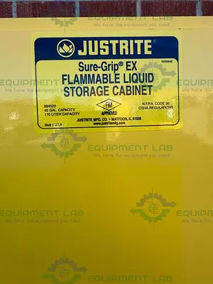 USED JUSTRITE 45 GALLON FLAMMABLE LIQUID STORAGE CABINET W/ SOFT CLOSE DOORS KEY