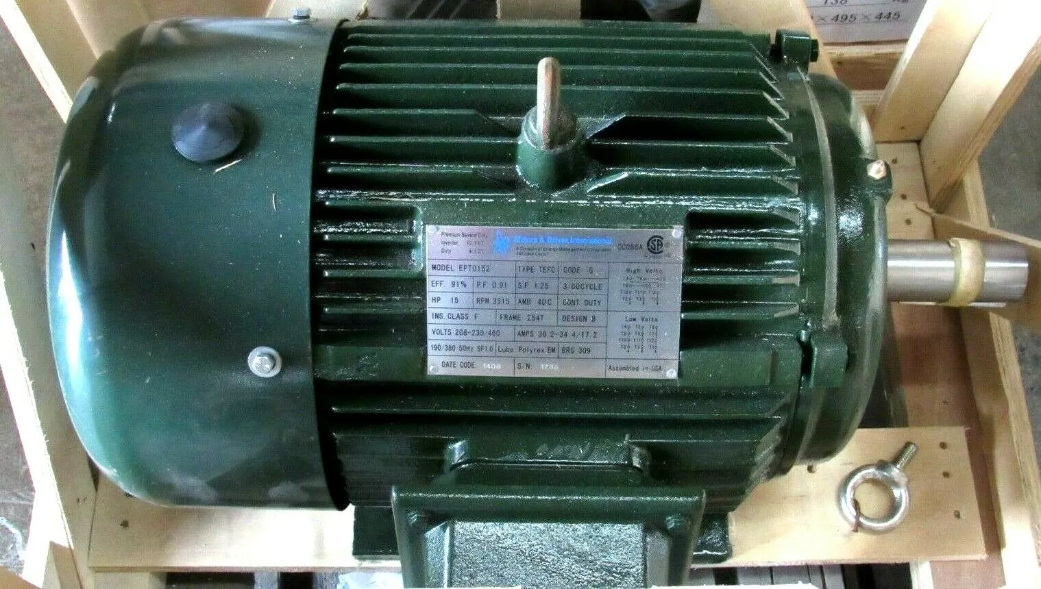 NEW MOTORS & DRIVES INTERNATIONAL EPT0152 MOTOR 15HP 208-230/460V 1-5/8" DIA.