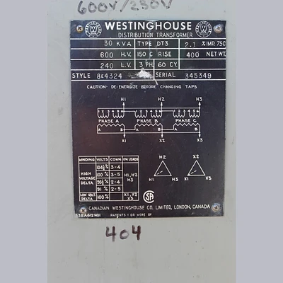 30 KVA 600 - 240 Volt 3 Phase Westinghouse Transformer For Sale