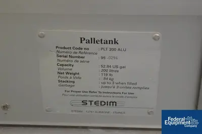 USED Stedim 200 Liter Stedim Palletank, Model PLT 200 ALU, Aluminum