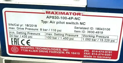NEW MAXIMATOR APS30-100-4P-NC AIR PILOT SWITCH APS301004PNC
