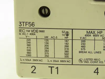 Siemens 3TF56 Motor Starter Contactor  400A-600VAC Max Size 5 120V Coil