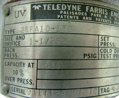 REFURBISHED TELEDYNE FARRIS 26FA10-170 RELIEF VALVE 26FA10170 SET PRESSURE 70
