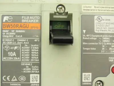 Fuji BW50RAGU3P010 3-Pole Auto Circuit Breaker 10A 500V 3Ph Molded Case Lot of 2