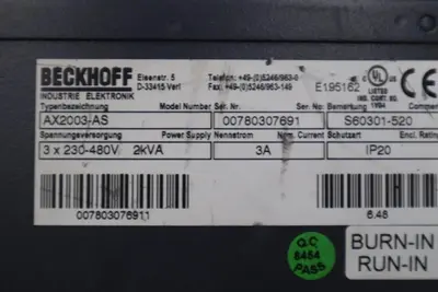 Beckhoff AX2003-AS S60301-520 Digital Compact Servo Drive Amplifier STK 3439-D