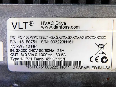 Danfoss VLT FC-102P7K5T2E21H2XGX7XXSXXXXAXBXCXXXXDX HVAC Drive 10 HP/7.5kW Used