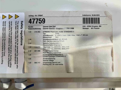 Used 2024 STRIEBIG STANDARD S (TRK1-5168) Woodworking Panel Saws Ohio US | MachineryMax #1334474
