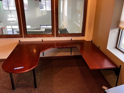 Executive L-Shaped Desk - Cherry Finish, 72in Long with Curved Left End & Keyboard Tray