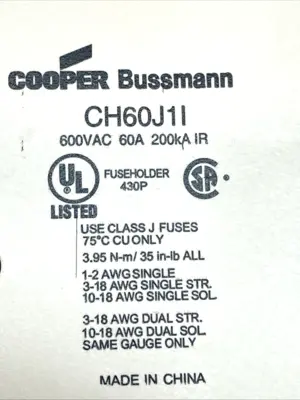 USED EATON BUSSMANN FUSE HOLDER CLASS J 60A 600V LOT OF 2