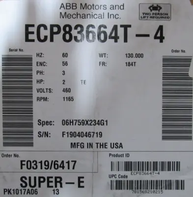 NEW BALDOR ECP83664T-4 MOTOR 2HP 460V 1165 RPM 184T 1-1/8" DIA.