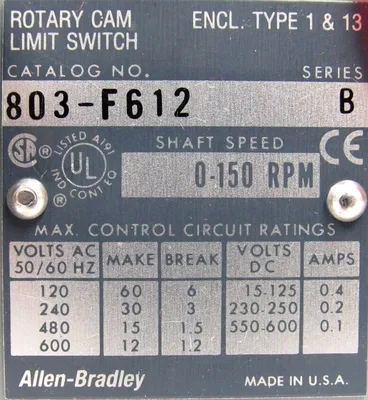 NEW ALLEN BRADLEY 803-F612 ROTARY CAM LIMIT SWITCH SERIES B 803F612