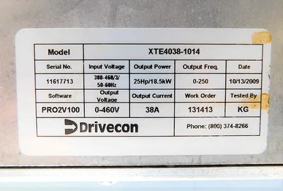 Drivecon XTE4038-1014 25 HP Variable Frequency Drive  Output 0-460V 38A Used