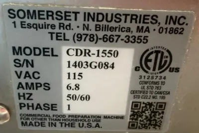 75-0506 Somerset CDR-1550 15 Inch Dough Roller-Double Pass Dough Sheeter