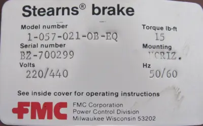 NEW STEARNS BRAKE 1-057-021-0B-EQ MOTOR BRAKE 10570210BEQ