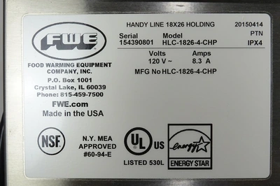 FWE COUNTERTOP HEATING HOLDING CABINET MODEL HCL-1826-4-CHIP (HINGES FROM LEFT TO RIGHT)