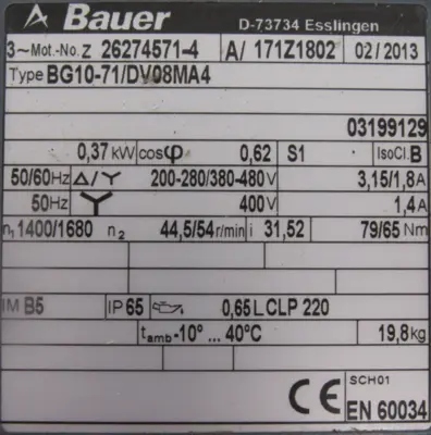 NEW BAUER BG10-71/DV08MA4 GEARMOTOR BG1071DV08MA4