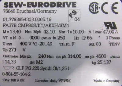 NEW SEW EURODRIVE FA37B CMP80S/KY/AK0H/SM1 GEARMOTOR 400V 14.33