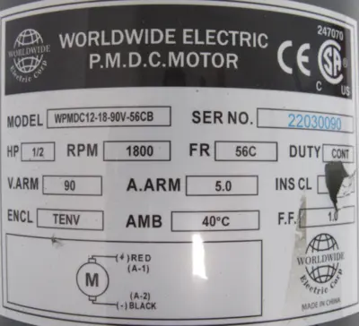 NEW WORLDWIDE ELECTRIC WPMDC12-18-90V-56CB MOTOR 1/2HP 90V 1800RPM