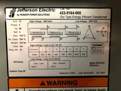Factory New 15 KVA Dry Type Transformer 480 Delta 208Y/120 10 Year Warranty 423-9164-000