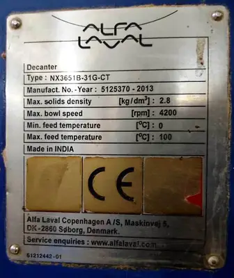 Alfa-Laval NX 3651B-31G-CT decanter centrifuge, 316SS.