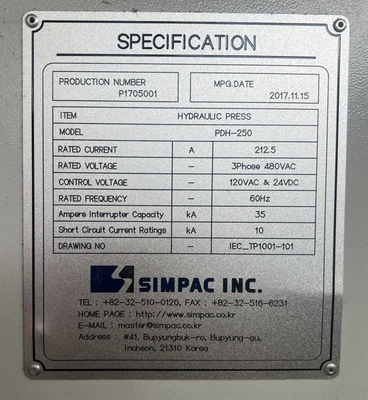 USED 2017 SIMPAC SIMPAC PDH-250 PRESS