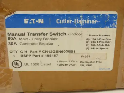 Cutler Hammer CH12GEN6030B1 Breaker Panel Generator Transfer 60/30A 120/240V