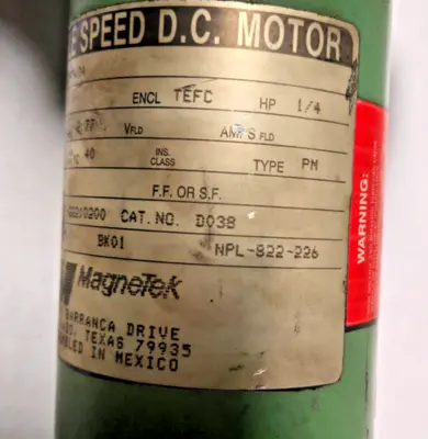 MAGNETEK Electric DC Motor 1/4 HP VARIABLE Speed D038 34357352543-0A