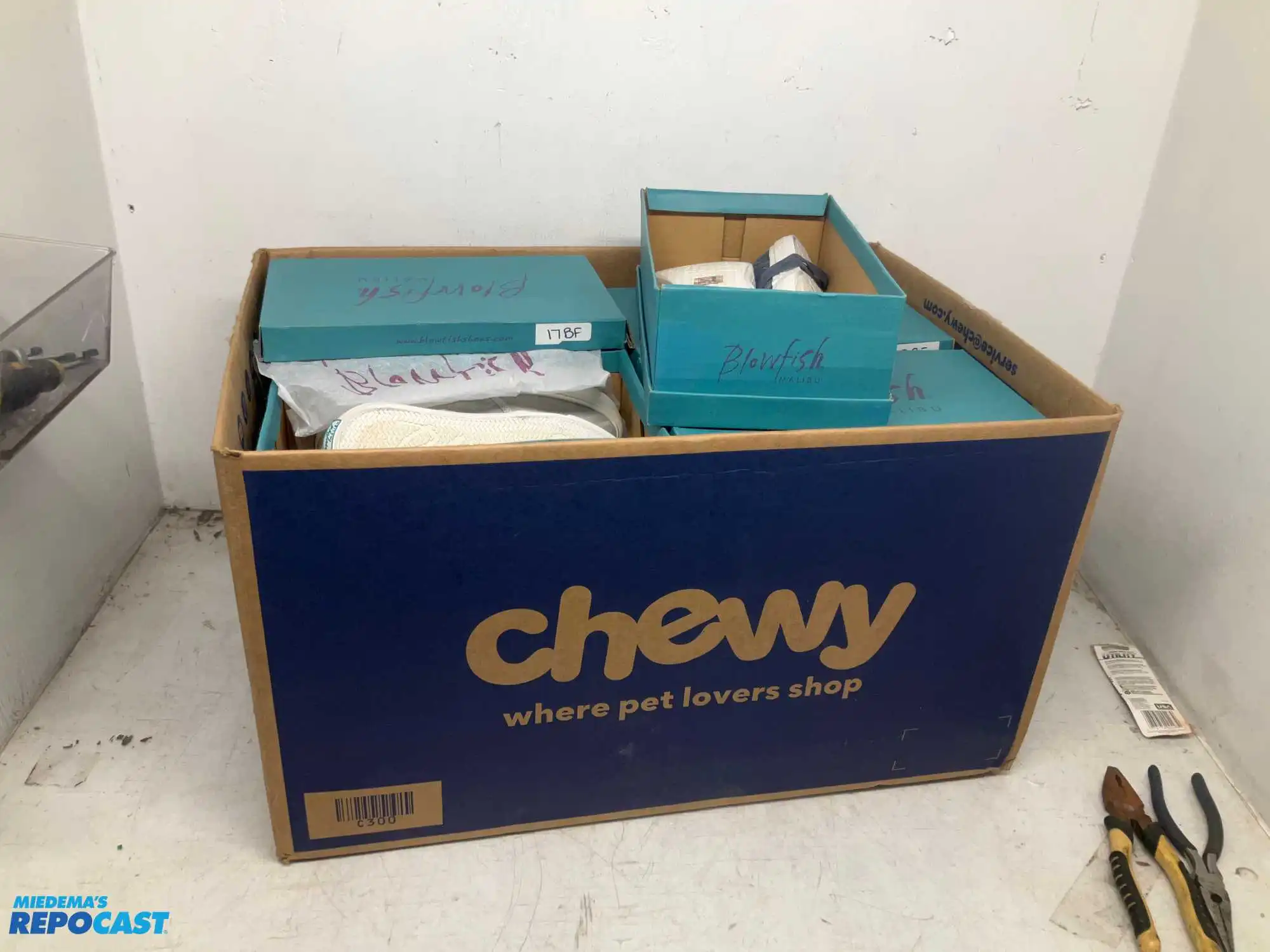 Box of BlowFish Malibu shoes, assorted models, sizes, and colors