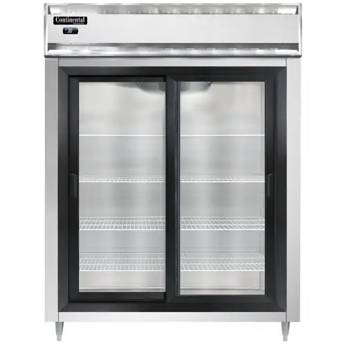 Continental D2RESNSGD 57" Two Section Reach In Refrigerator, (2) Sliding Glass Doors, Top Compressor, 115v