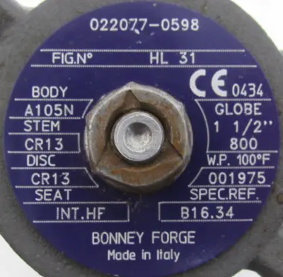 NEW BONNEY FORGE 1-1/2"-800 GATE VALVE 022077-0598