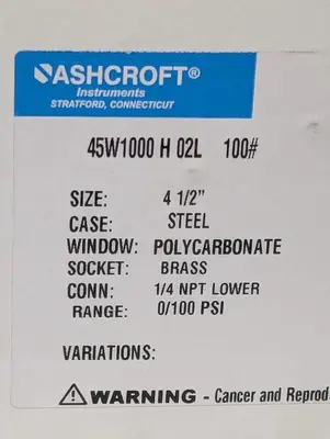 New | in-Stock ASHCROFT 45W1000 H 02L Universal Pressure Meters Ohio US | Surplus Asset Holdings #1240506
