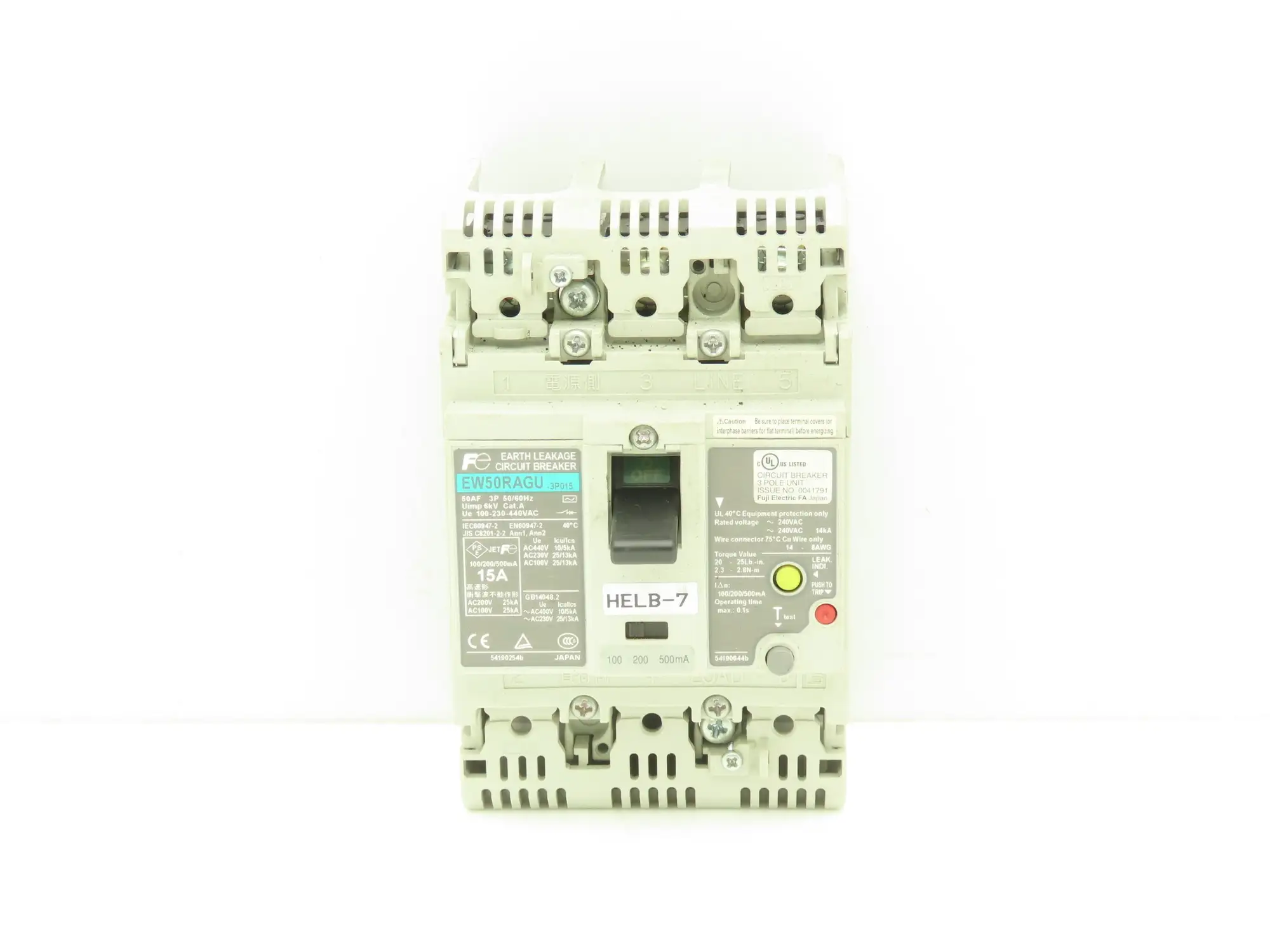 Fuji Electric EW50RAGU-3P015 Earth Leakage Circuit Breaker 3-Pole 15A 100-440VAC