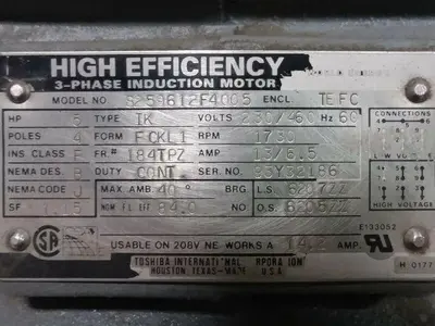 Toshiba S259612F4005 5 HP Electric Motor 230/460V 3PH 1730 RPM 184TPZ Frame